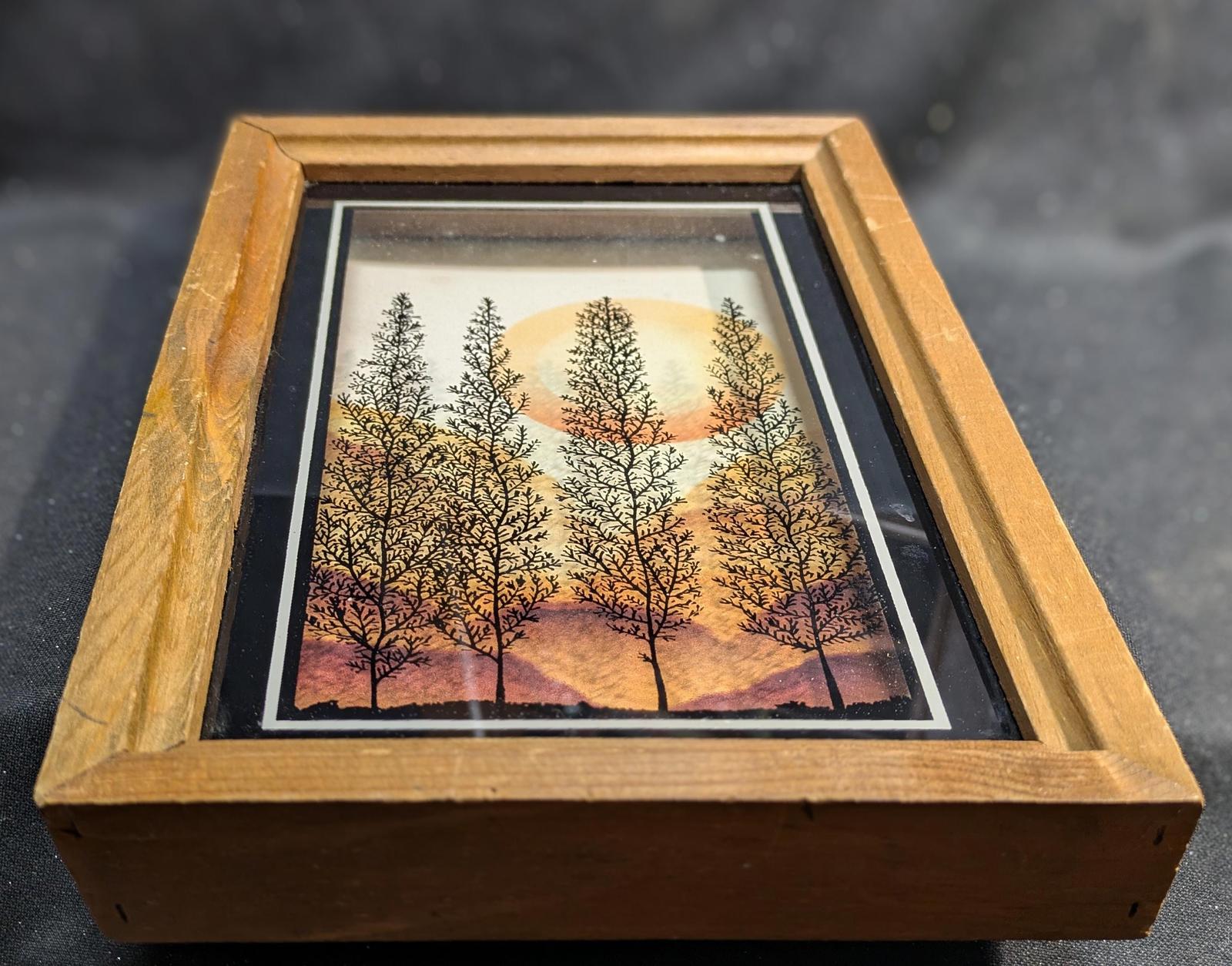 Vintage Painted Glass Framed Art/Shadow Box/Silhoutte Trees/LuLus Inc./70's.  Artist Virgil Thrasher