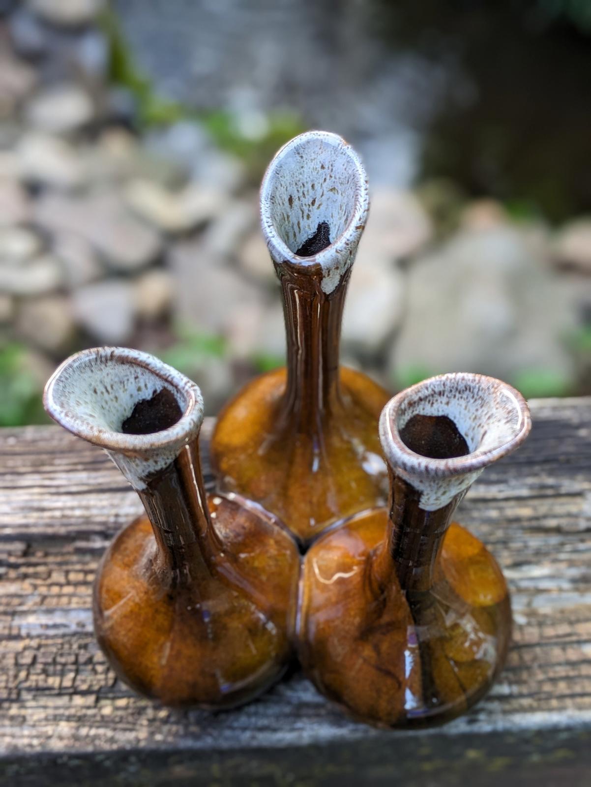 MCM Van Briggle triple bud vase with brown drip glaze