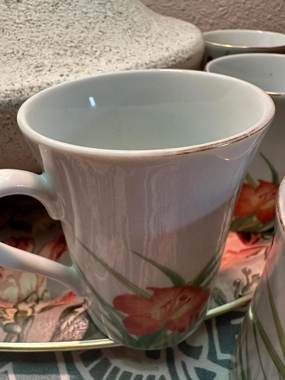 6 1980’s Otagiri Wren and Orange Day Lily Floral coffee or tea mugs