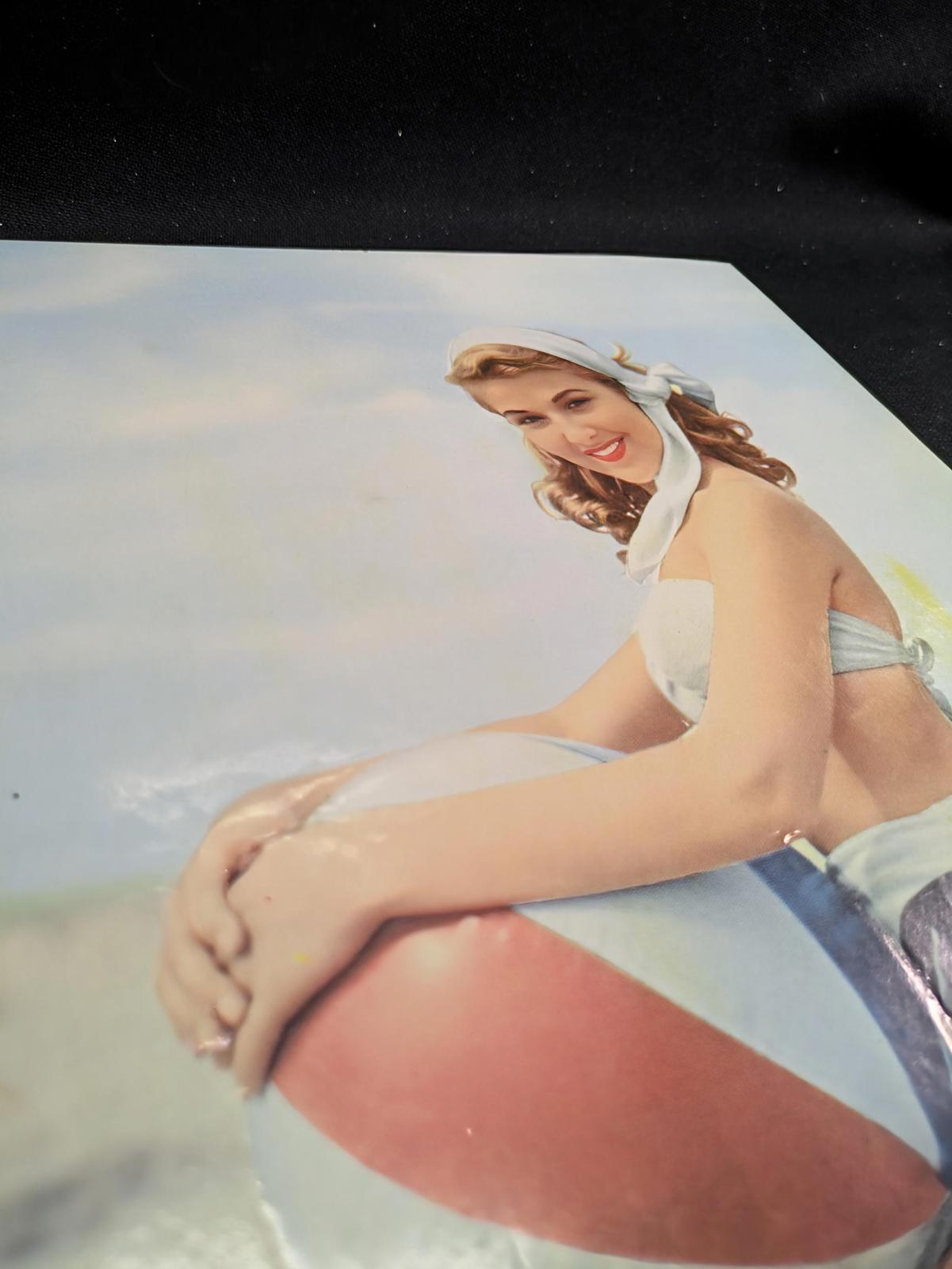 1950s vintage embossed lithograph.  #5304.  8x10. Lady on the beach with a beach ball