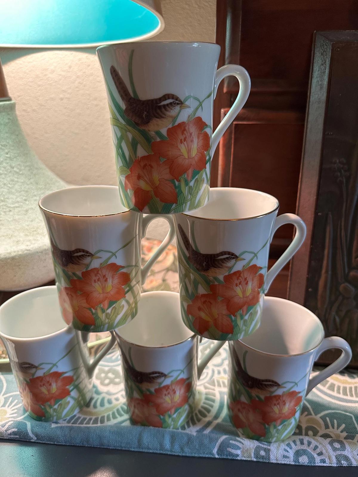 6 1980’s Otagiri Wren and Orange Day Lily Floral coffee or tea mugs
