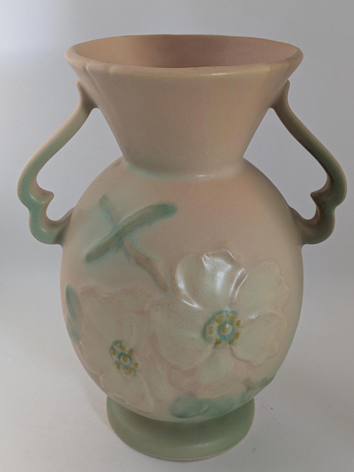 Antique Weller Pottery Matte Pink Green Wild Rose Ceramic Urn Vase Large.  9.75" Tall, 8"wide