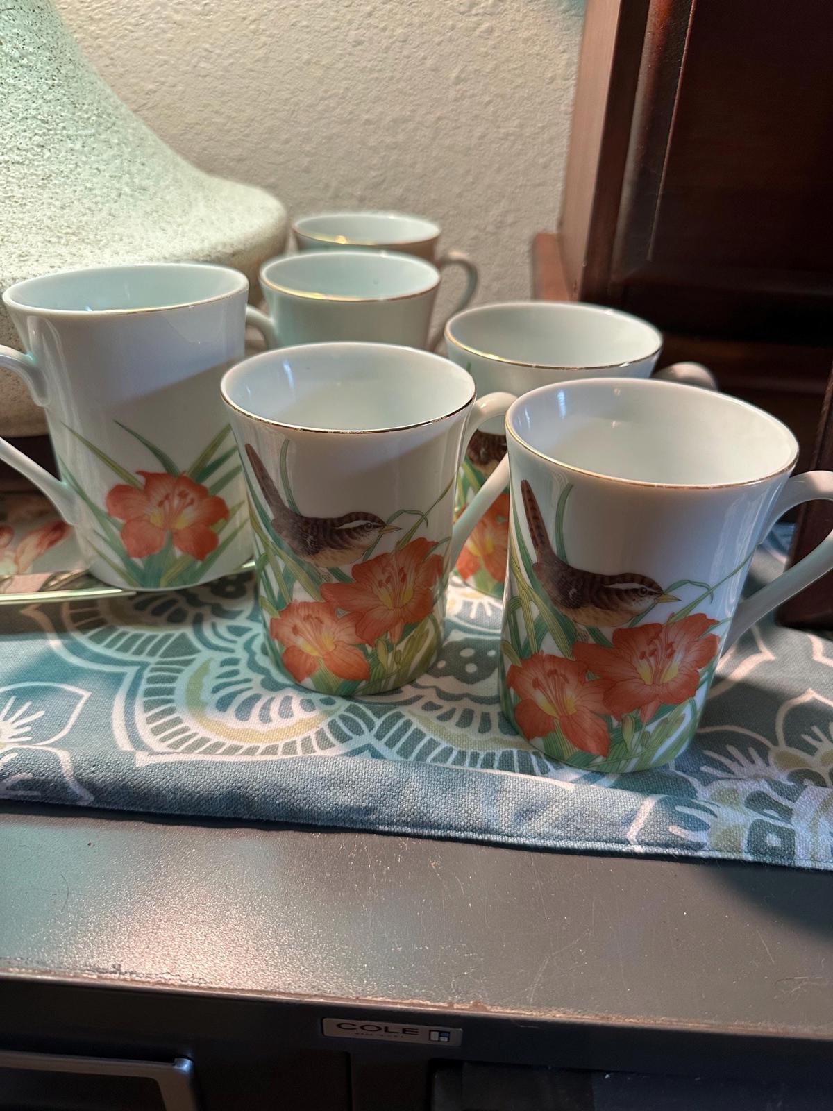 6 1980’s Otagiri Wren and Orange Day Lily Floral coffee or tea mugs