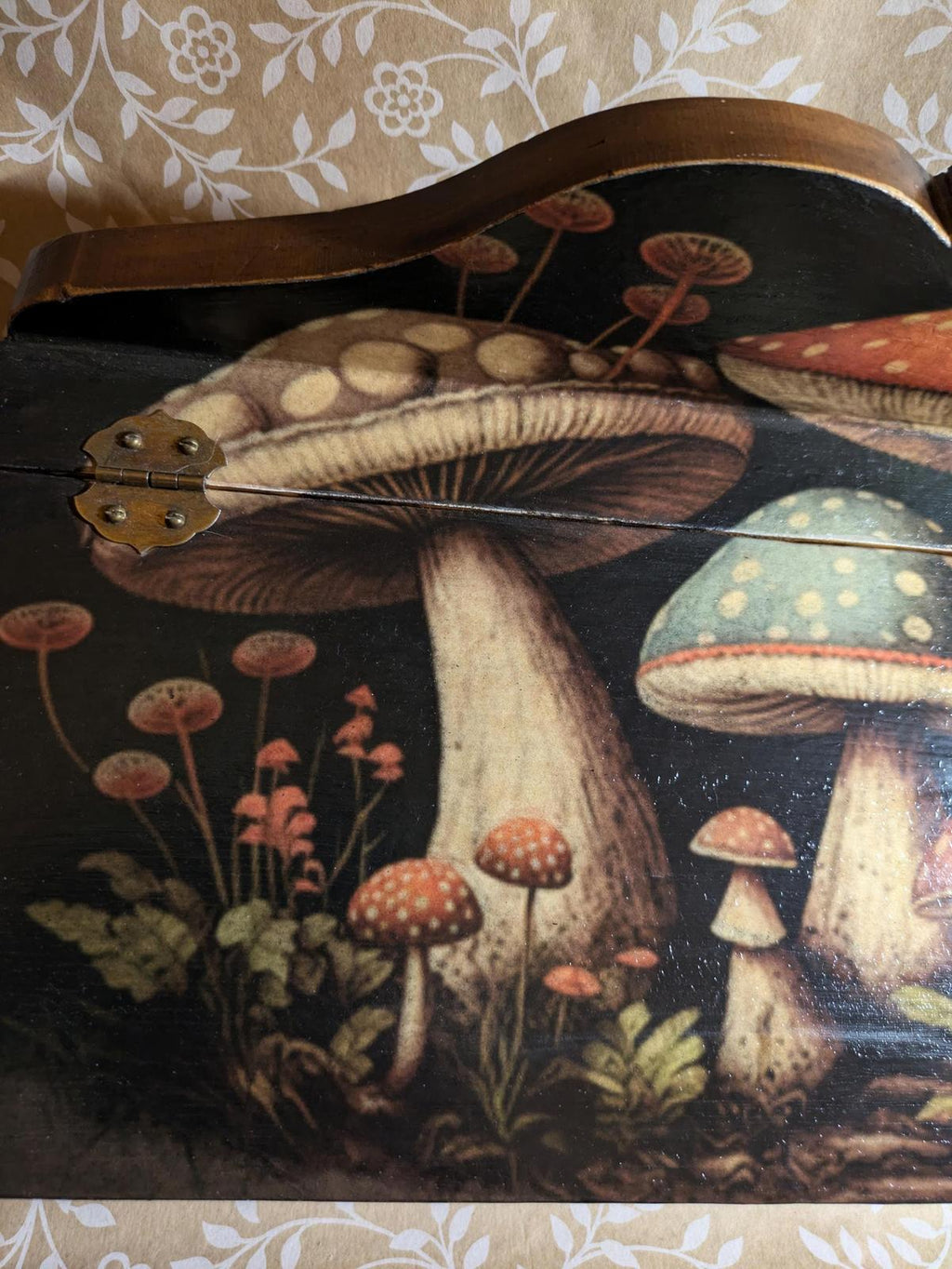 One of a kind handmade, wooden decoupage woodland mushroom design. desk storage