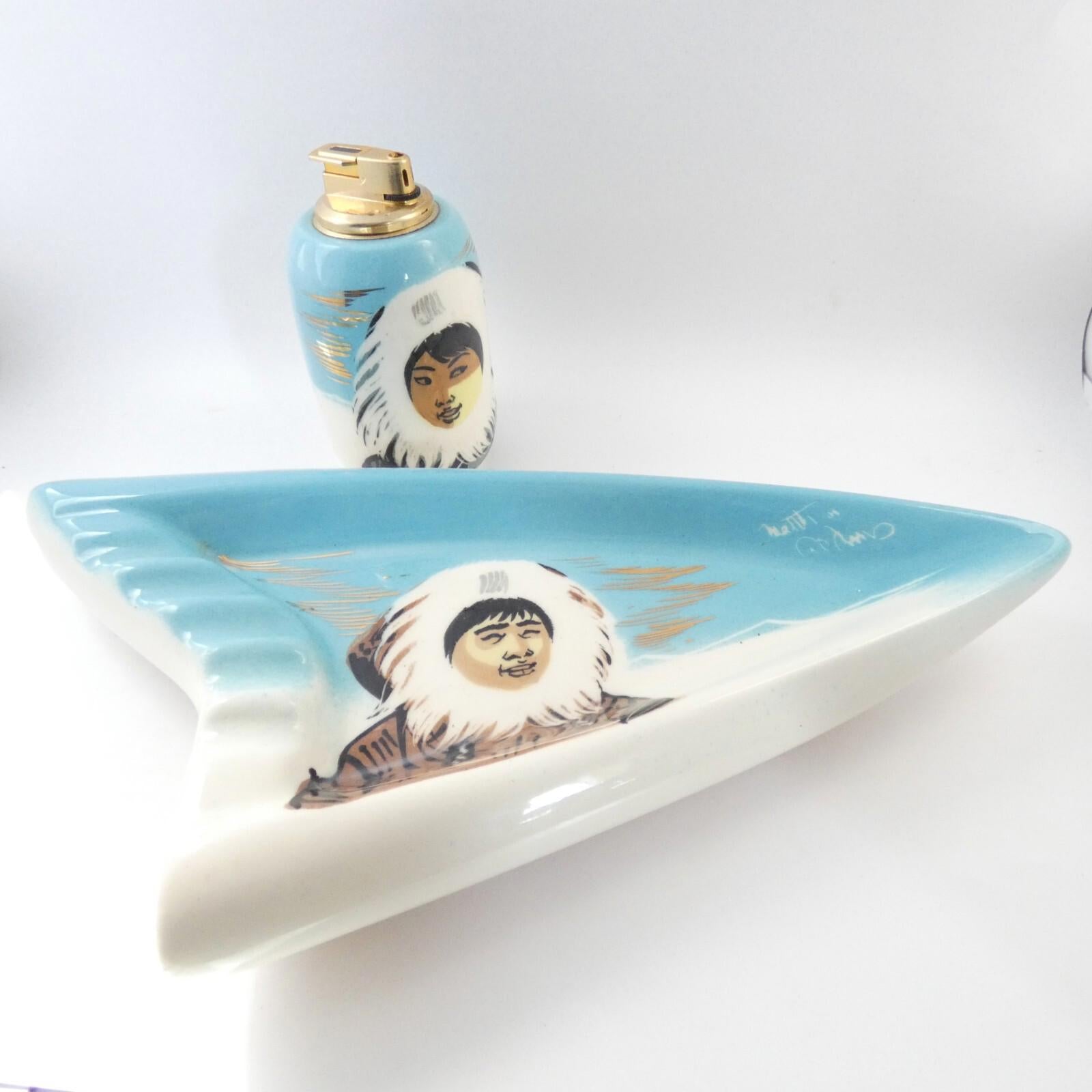 Vintage Matthew Adams Eskimo Ashtray and Lighter Set, Signed, MCM