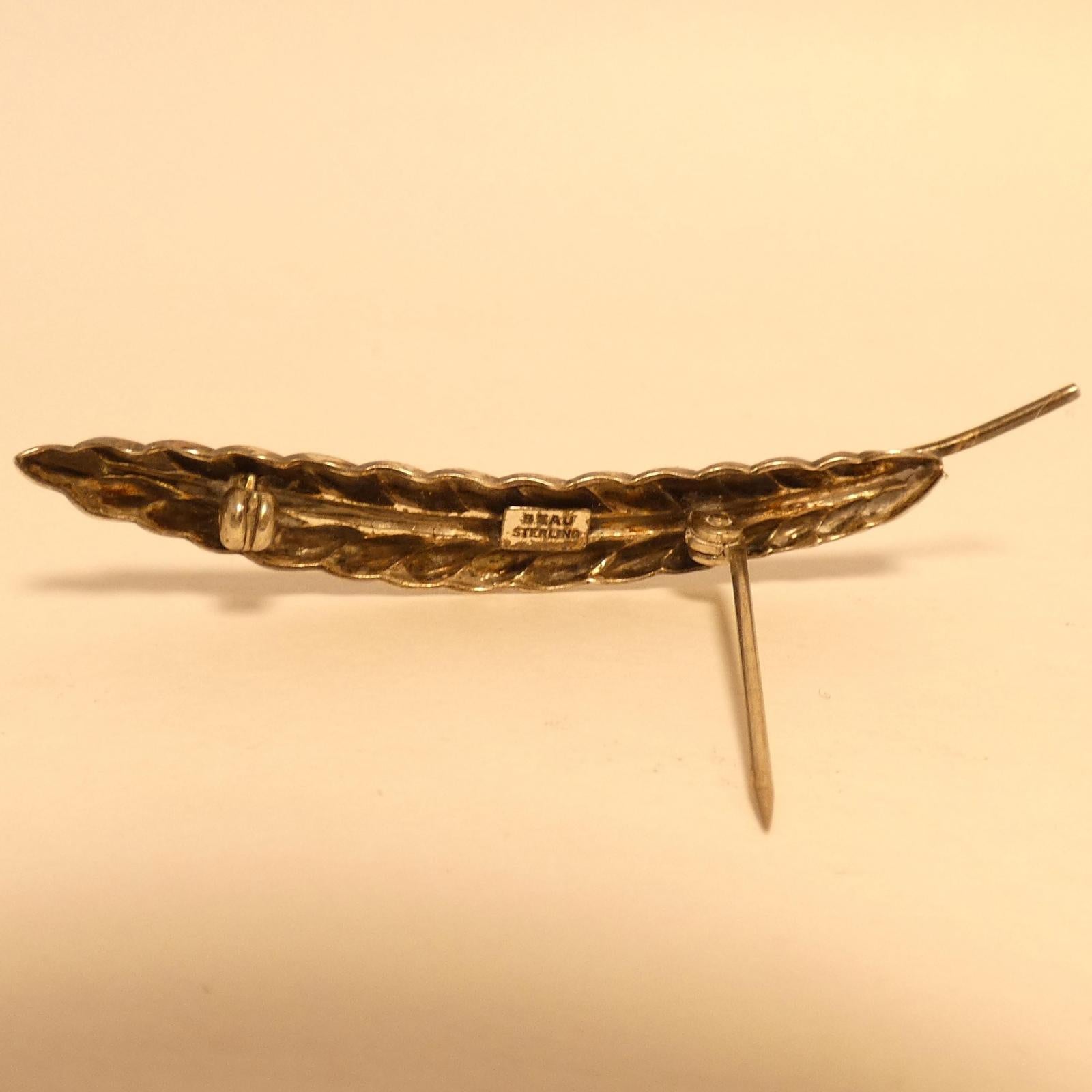 Sterling Silver Vintage BEAU Feather / Leaf Design Pin Brooch, 2.5in.