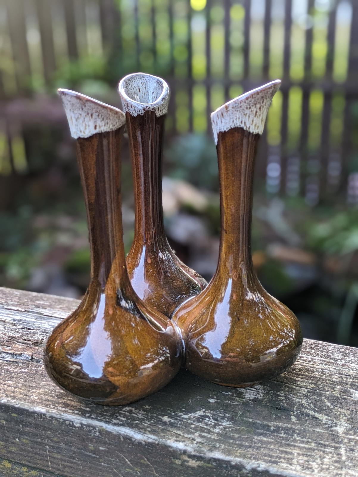 MCM Van Briggle triple bud vase with brown drip glaze