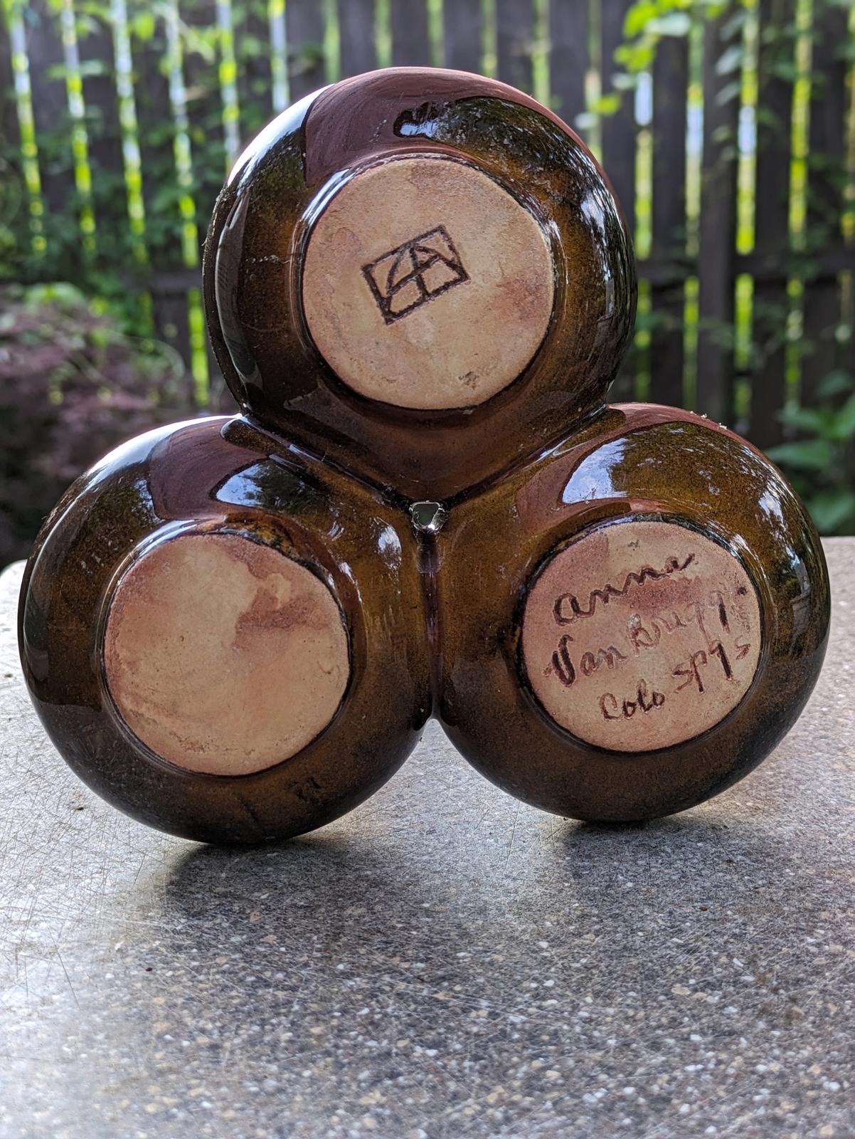 MCM Van Briggle triple bud vase with brown drip glaze