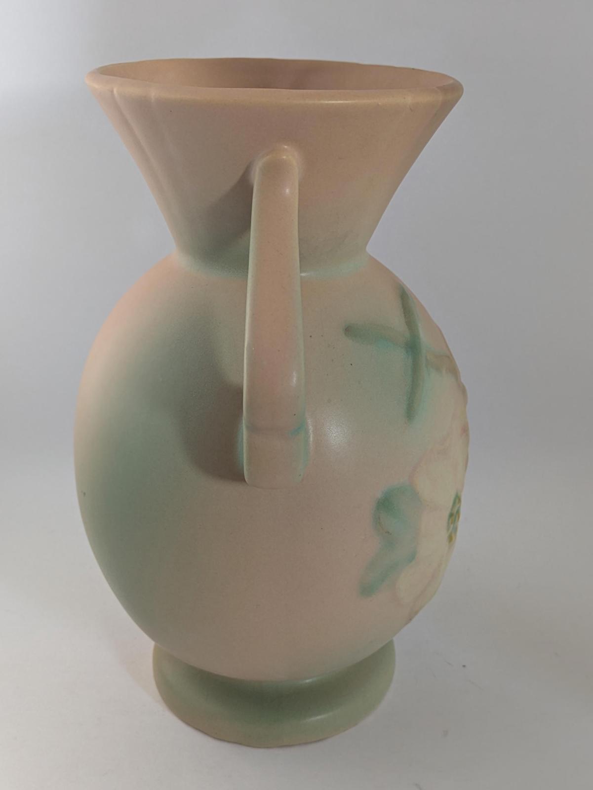 Antique Weller Pottery Matte Pink Green Wild Rose Ceramic Urn Vase Large.  9.75" Tall, 8"wide