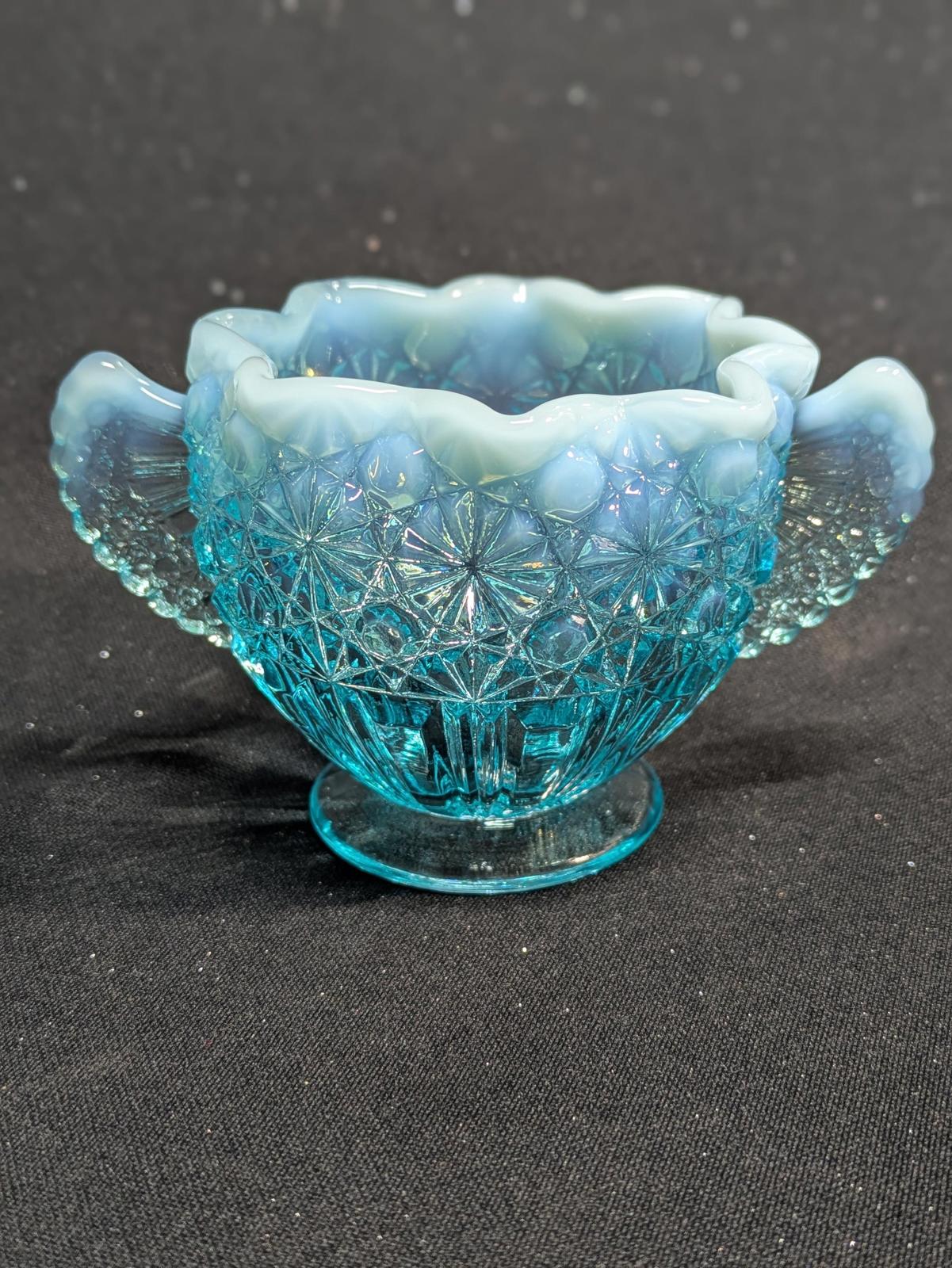 Vintage Fenton Opalescent Blue Daisy Button Open Sugar Bowl Fan Handles and