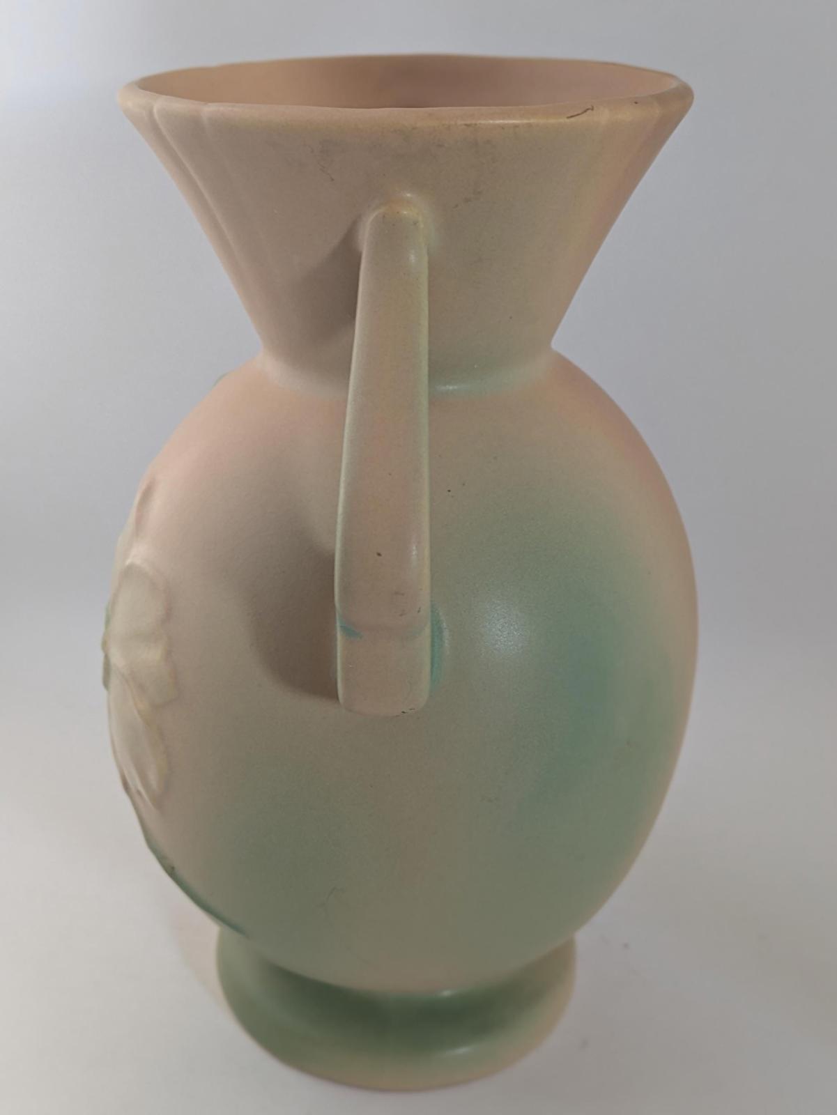 Antique Weller Pottery Matte Pink Green Wild Rose Ceramic Urn Vase Large.  9.75" Tall, 8"wide