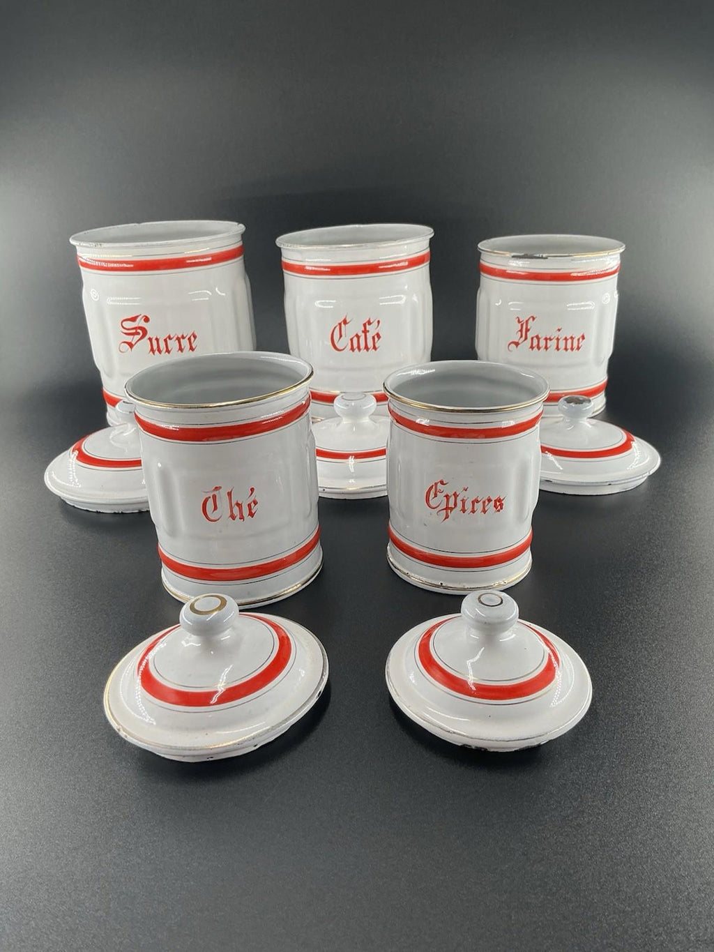 Vintage French Enamel Metal Kitchen Canister Set with Red Accents