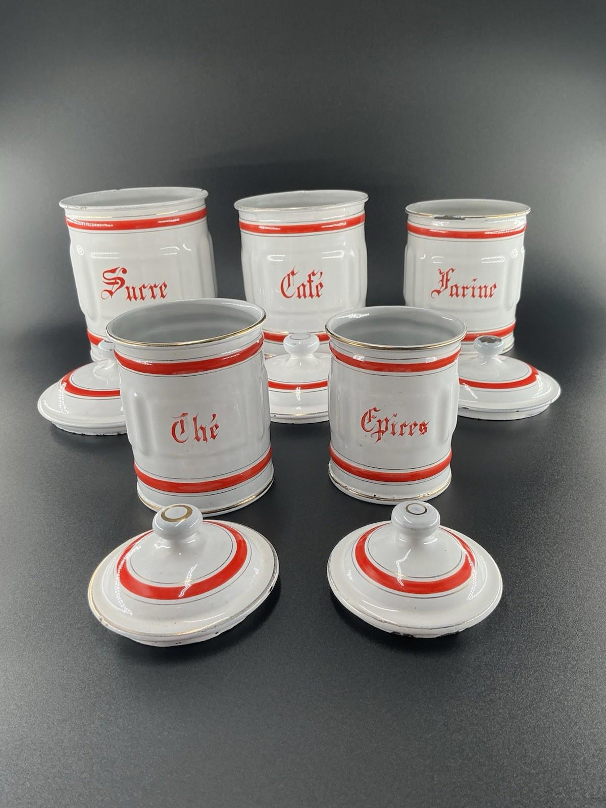Vintage French Enamel Metal Kitchen Canister Set with Red Accents