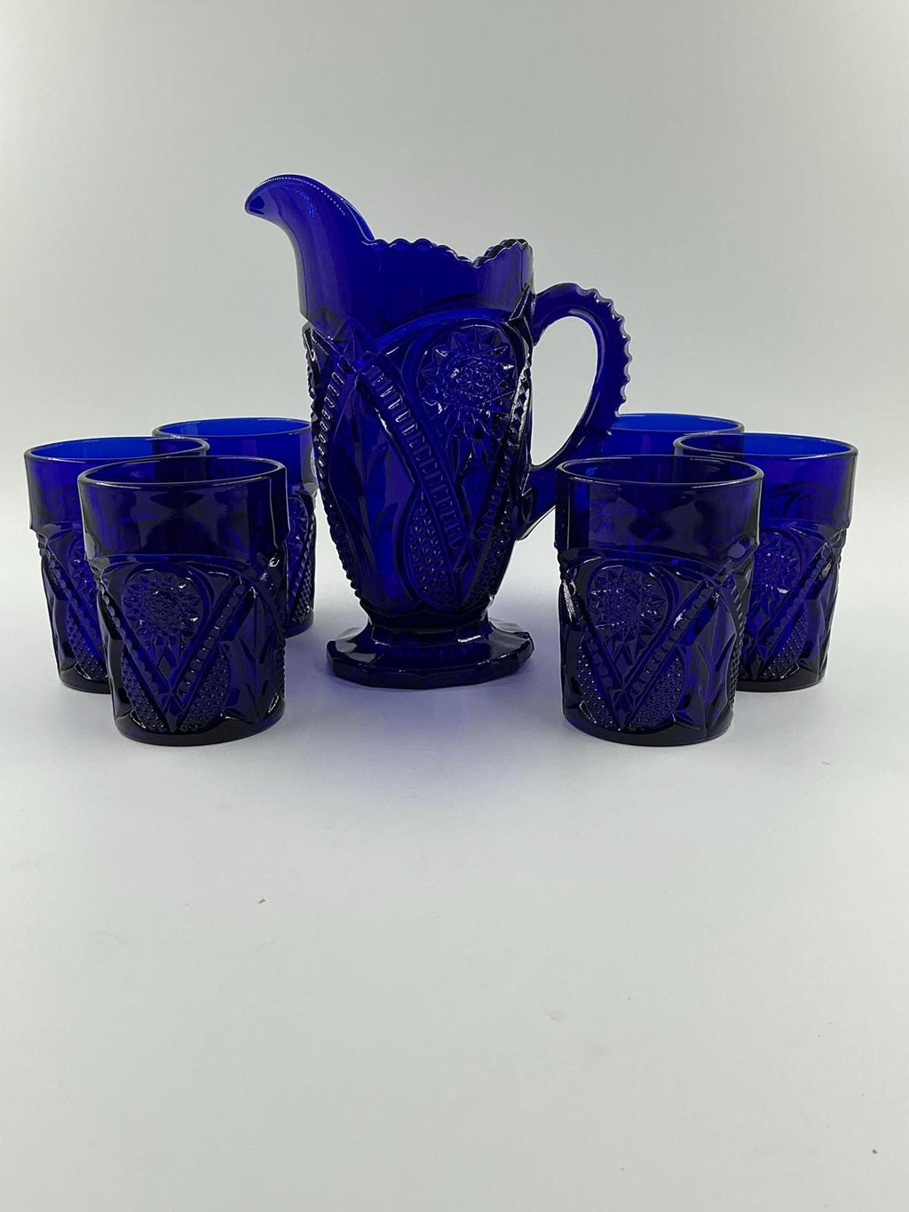 Dalzell Viking, cobalt blue glass, pitcher and 6 glass set