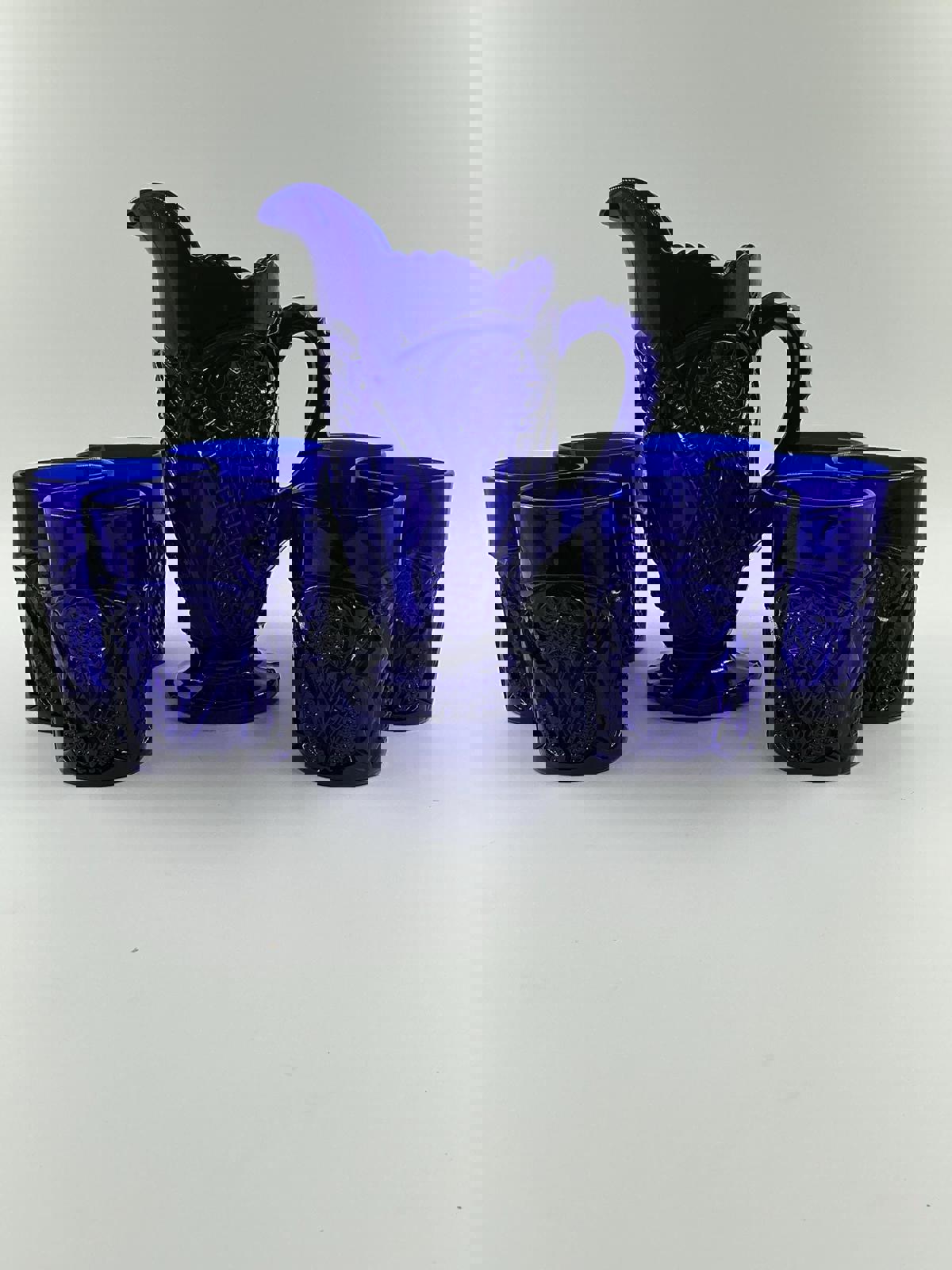 Dalzell Viking, cobalt blue glass, pitcher and 6 glass set