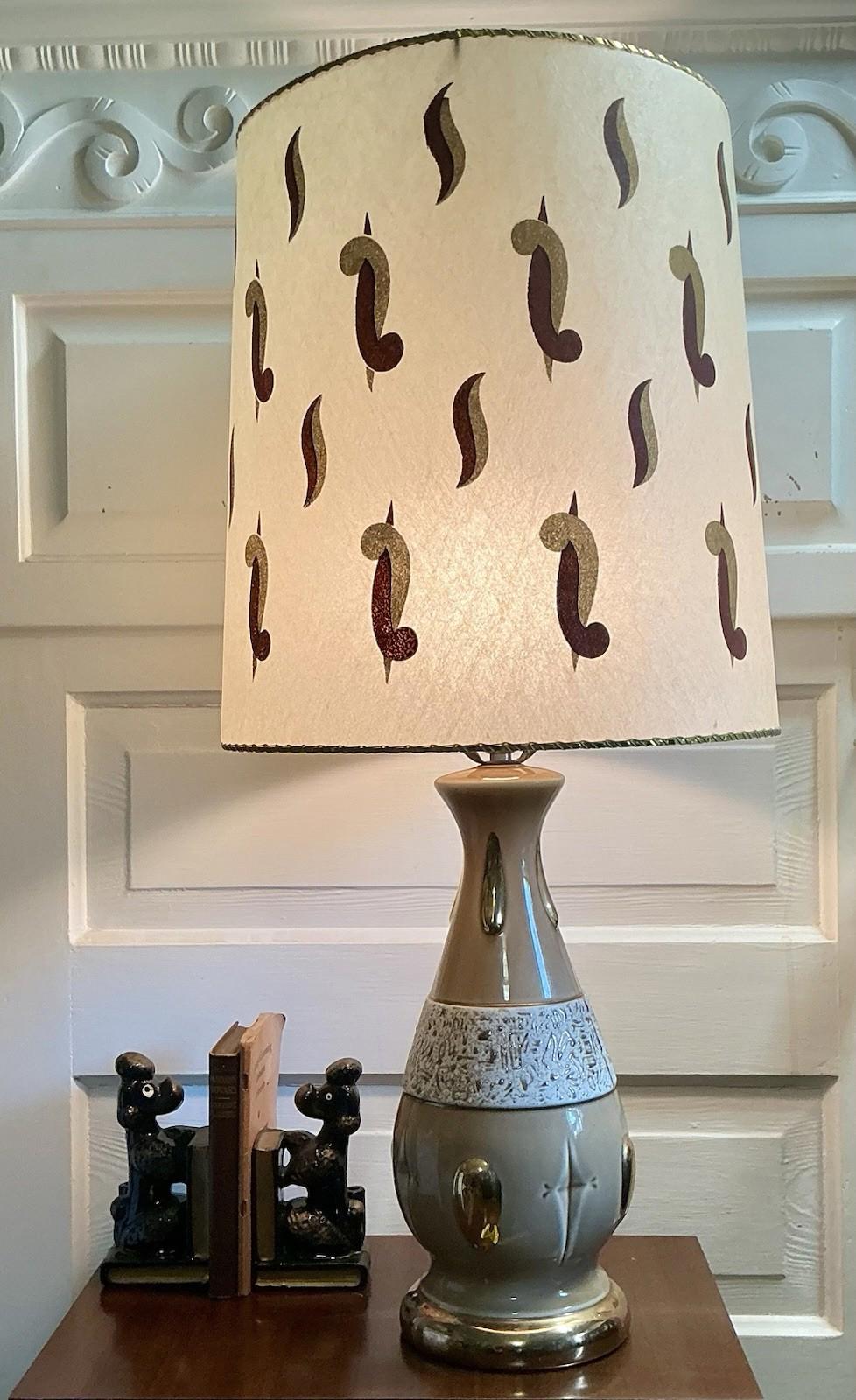 Vintage MCM Ceramic Lamp, 30 Inches Tall With 15 Inch Retro Fiberglass Shade