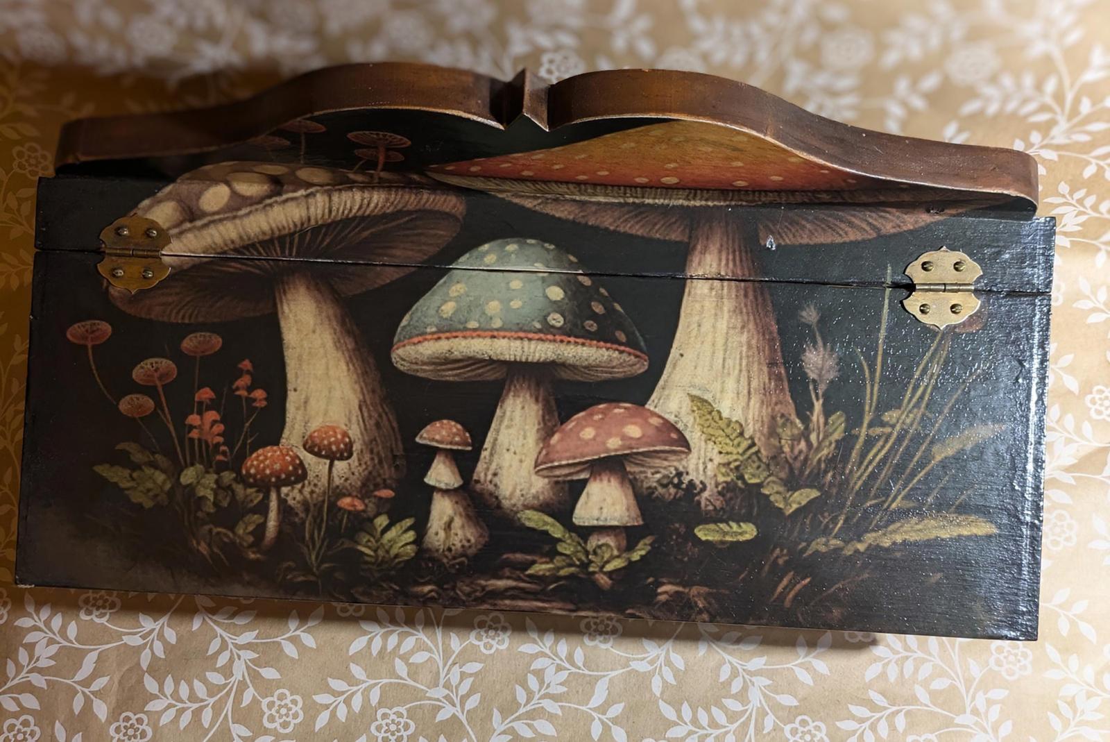One of a kind handmade, wooden decoupage woodland mushroom design. desk storage