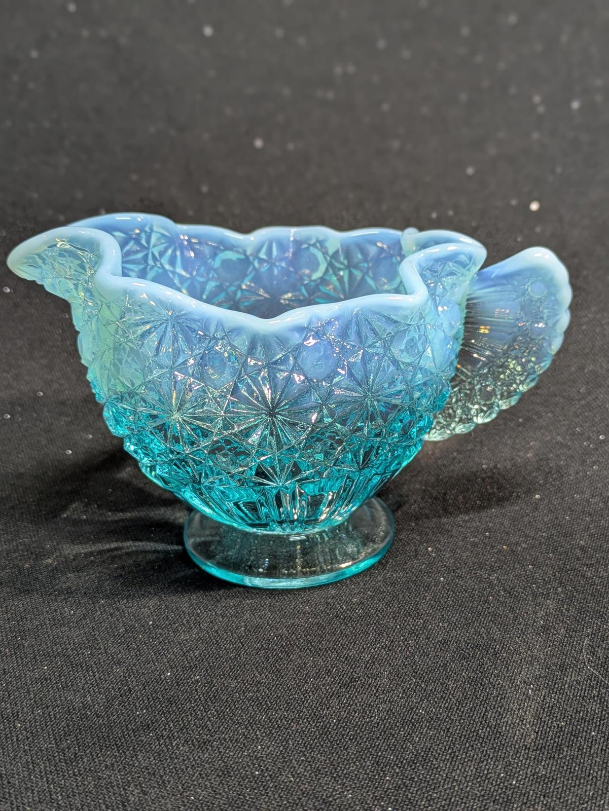 Vintage Fenton Opalescent Blue Daisy Button Open Sugar Bowl Fan Handles and