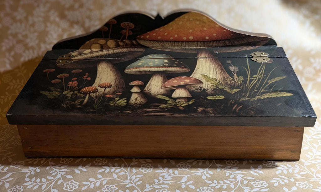 One of a kind handmade, wooden decoupage woodland mushroom design. desk storage