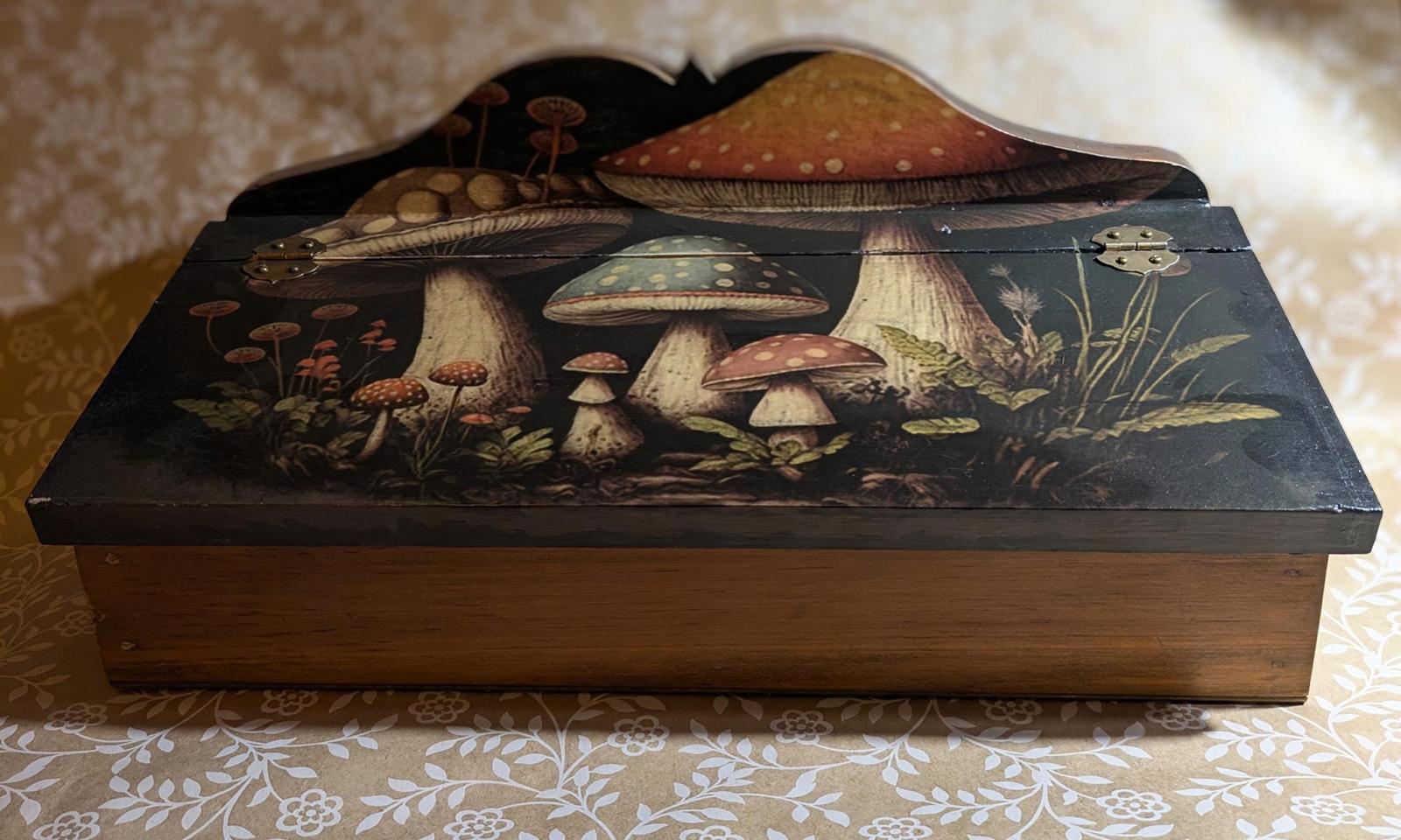 One of a kind handmade, wooden decoupage woodland mushroom design. desk storage