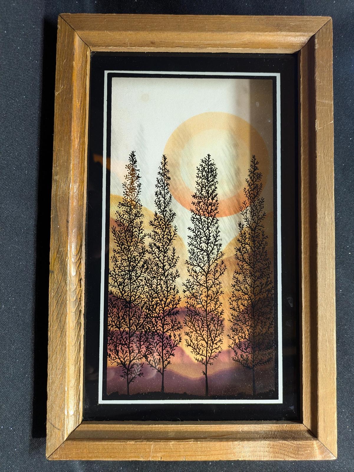 Vintage Painted Glass Framed Art/Shadow Box/Silhoutte Trees/LuLus Inc./70's.  Artist Virgil Thrasher