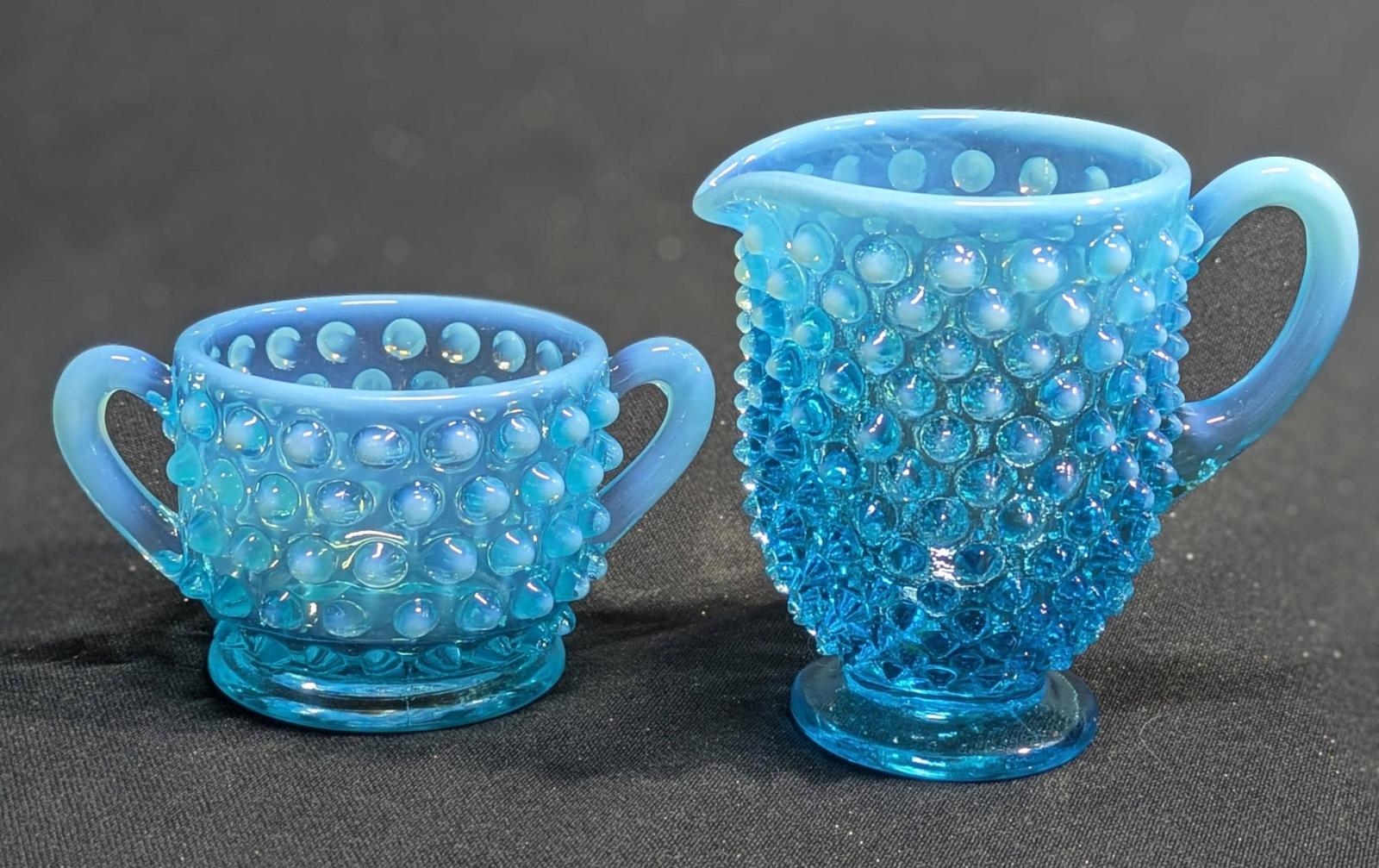 Vintage Fenton Blue Hobnail Glass Sugar & Creamer Set