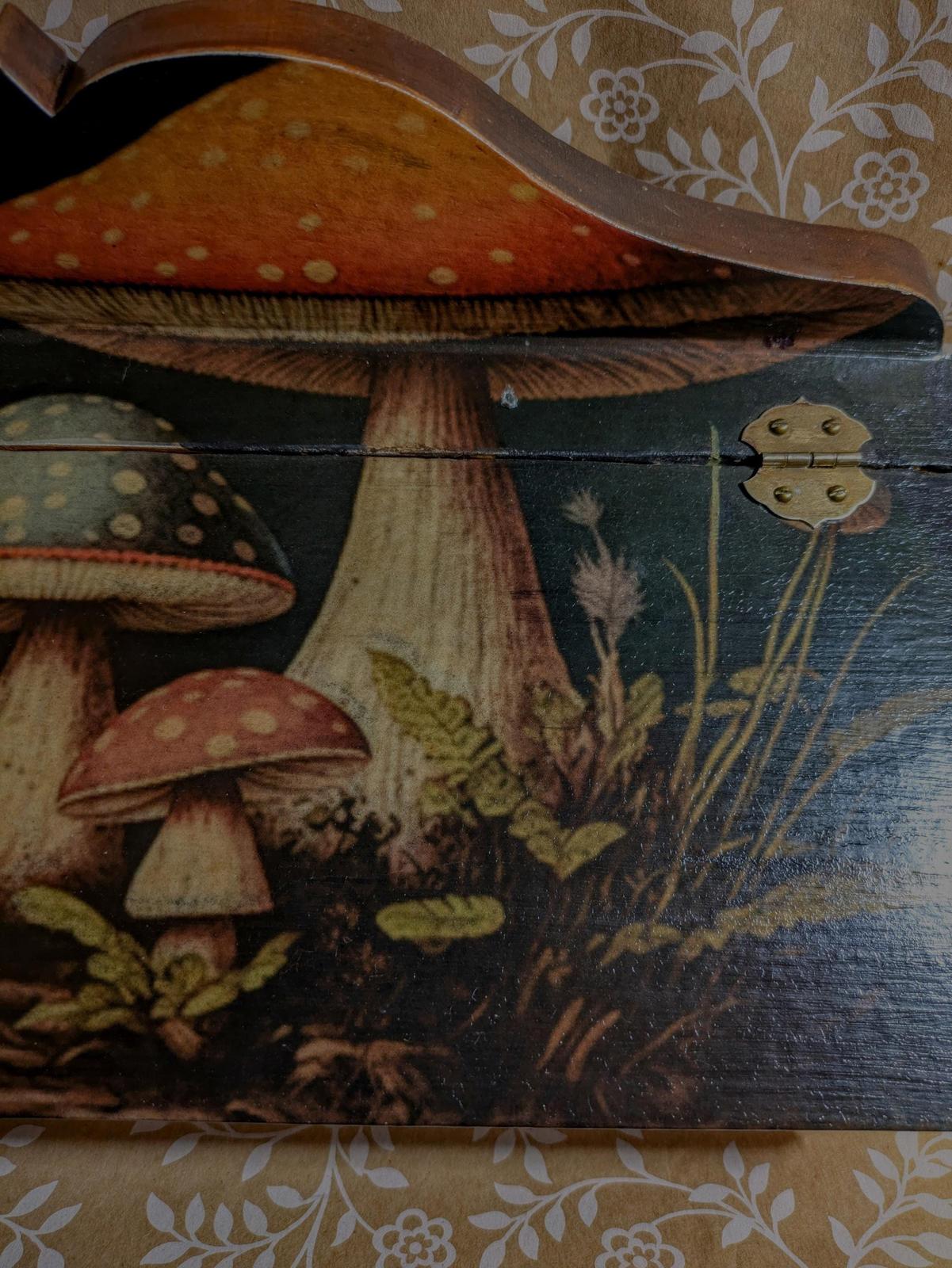 One of a kind handmade, wooden decoupage woodland mushroom design. desk storage