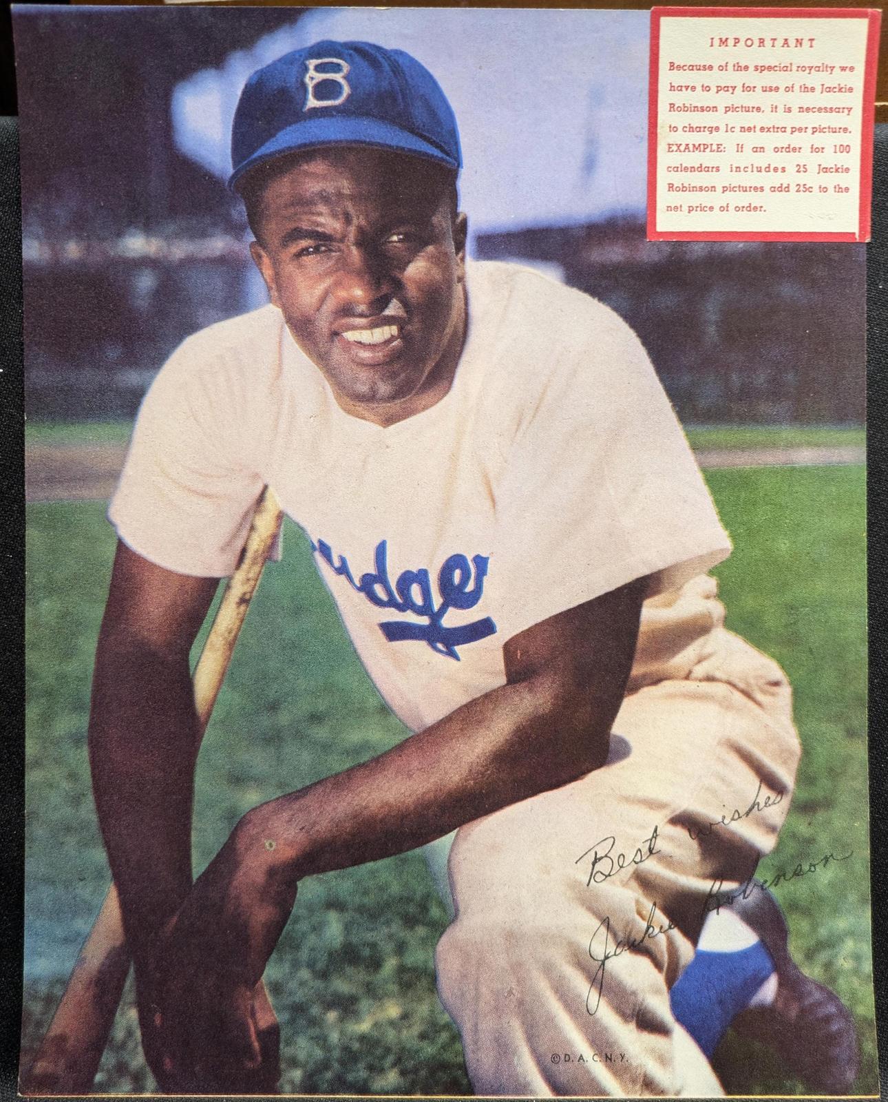 1953 calendar sample with image of Jackie Robinson. Features facsimile