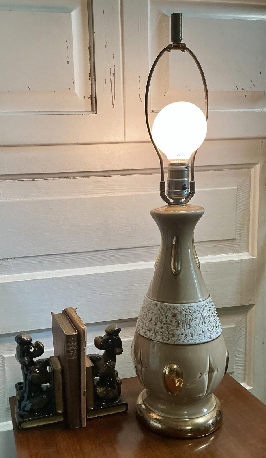 Vintage MCM Ceramic Lamp, 30 Inches Tall With 15 Inch Retro Fiberglass Shade