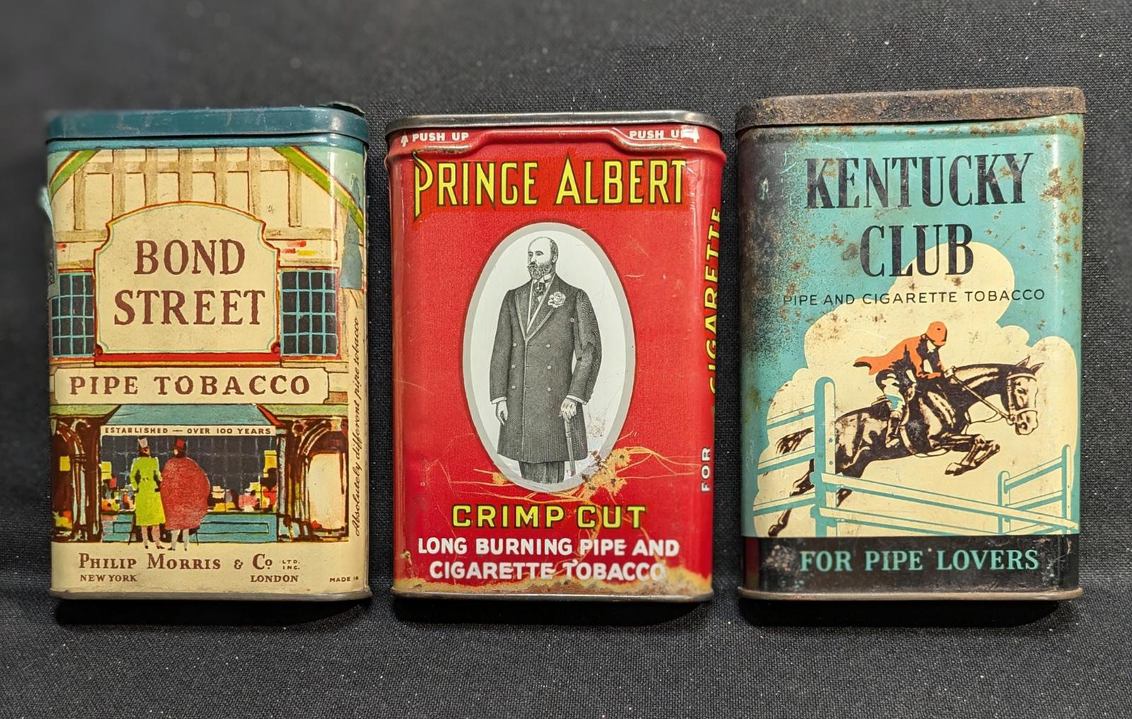 Set of 3 Vintage Tobacco Tins.  Bond Street, Kentucky Club, Prince Albert