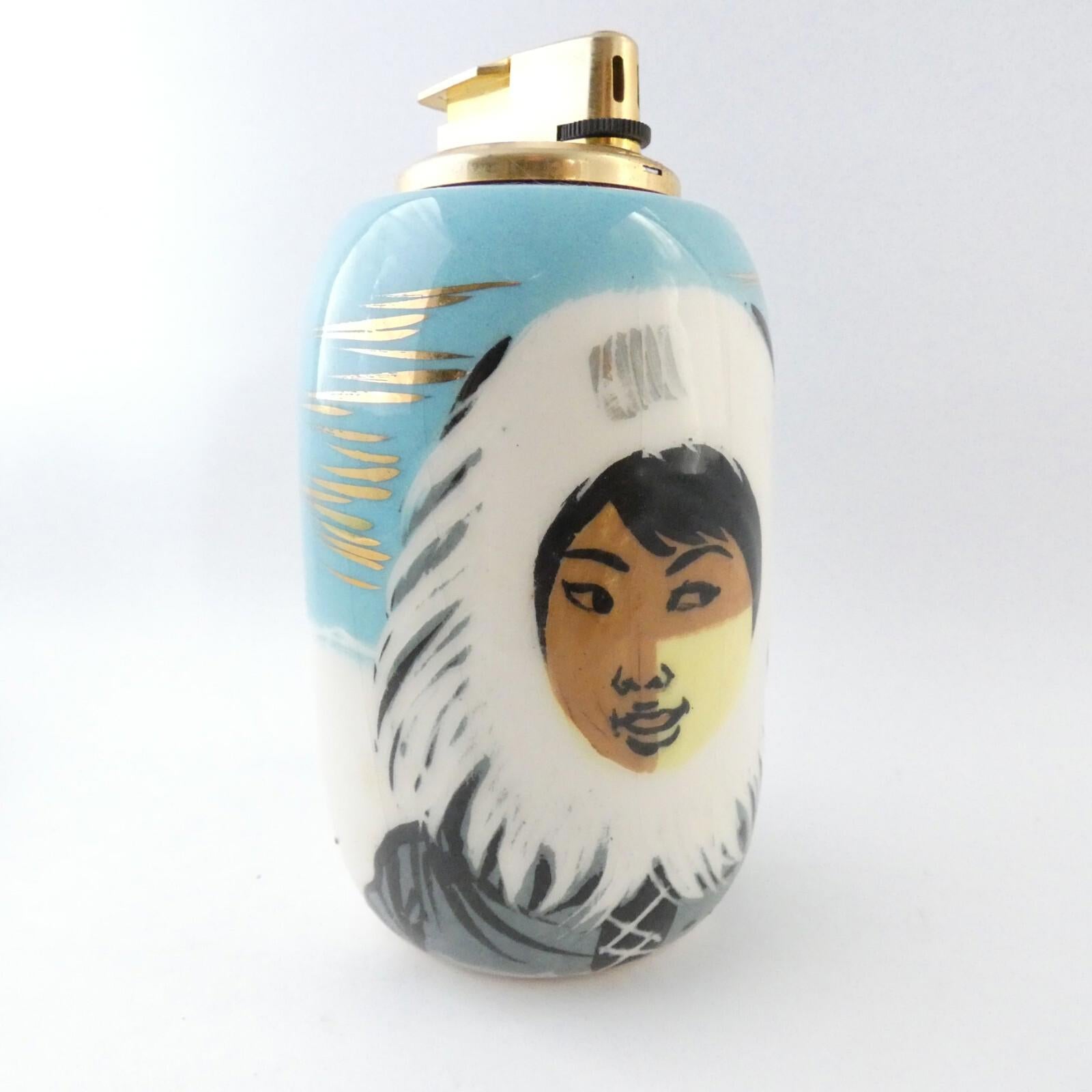 Vintage Matthew Adams Eskimo Ashtray and Lighter Set, Signed, MCM