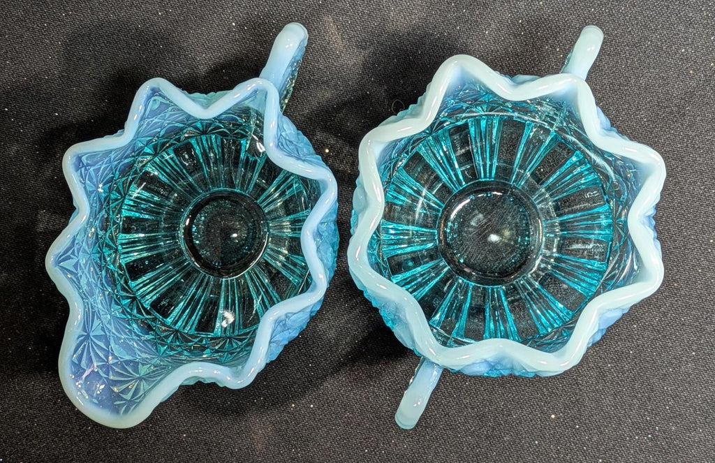 Vintage Fenton Opalescent Blue Daisy Button Open Sugar Bowl Fan Handles and