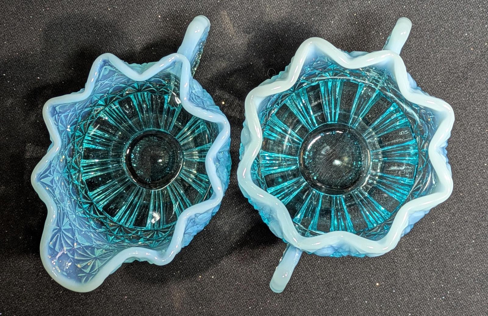 Vintage Fenton Opalescent Blue Daisy Button Open Sugar Bowl Fan Handles and