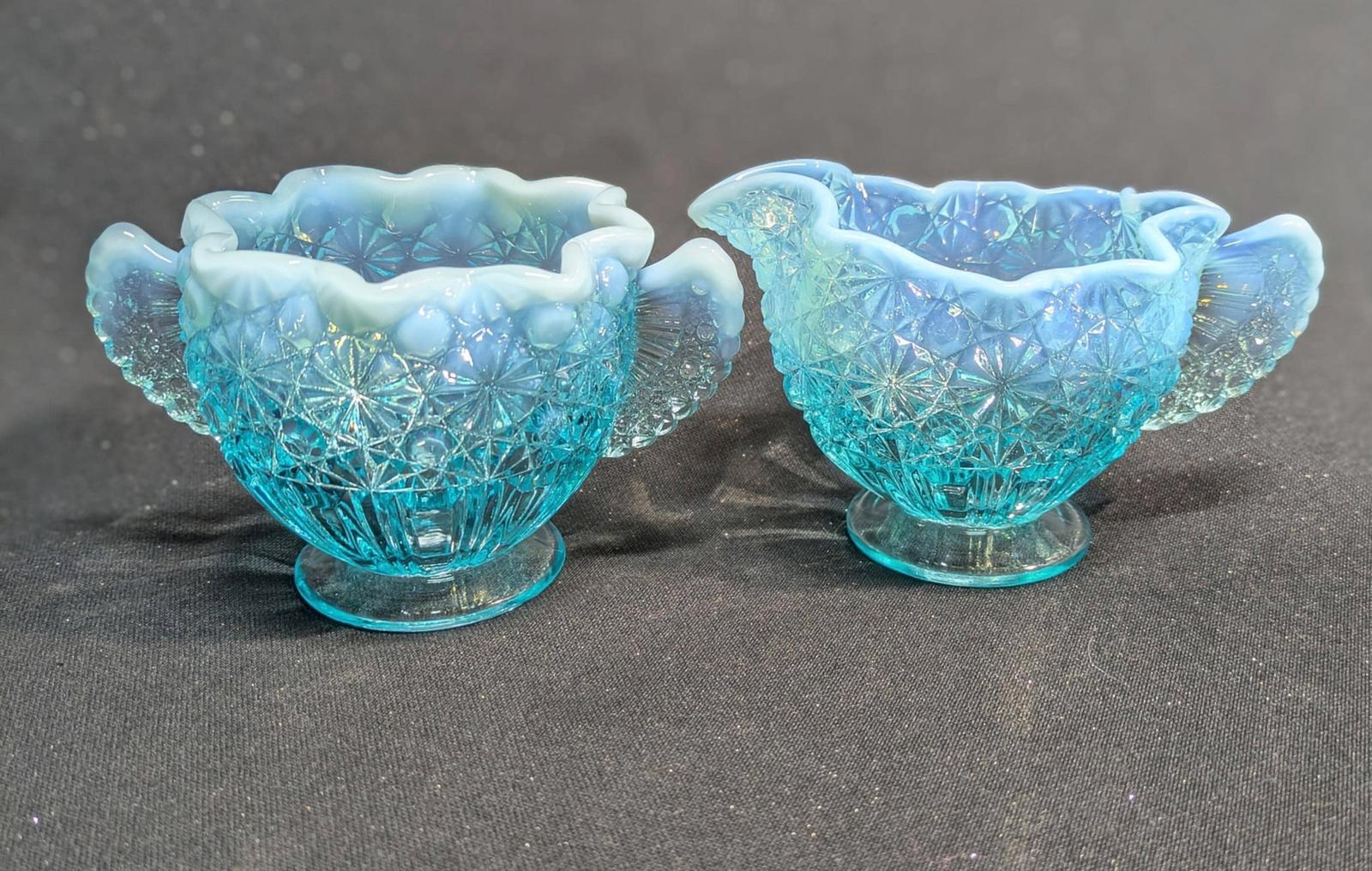 Vintage Fenton Opalescent Blue Daisy Button Open Sugar Bowl Fan Handles and