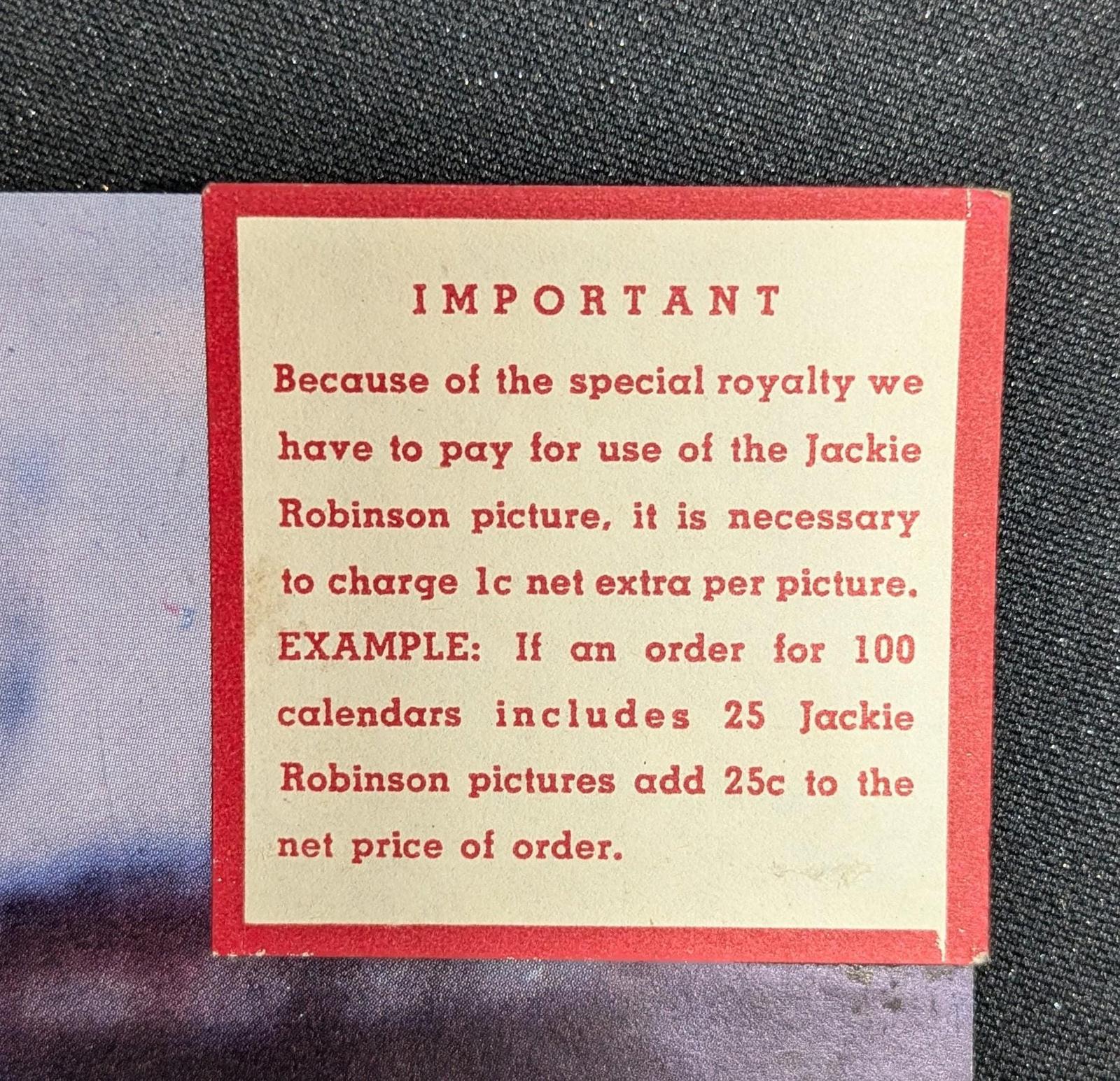 1953 calendar sample with image of Jackie Robinson. Features facsimile