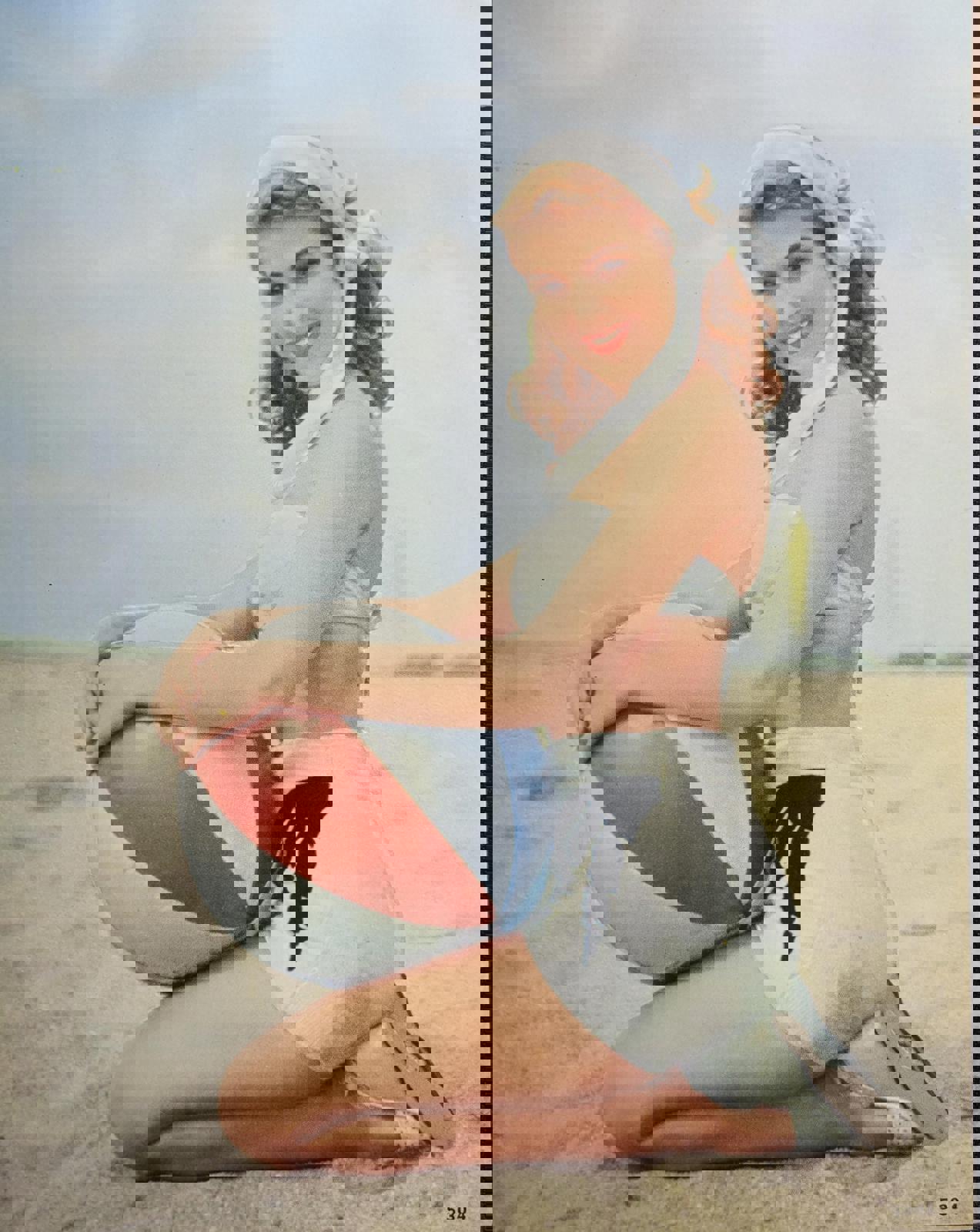 1950s vintage embossed lithograph.  #5304.  8x10. Lady on the beach with a beach ball