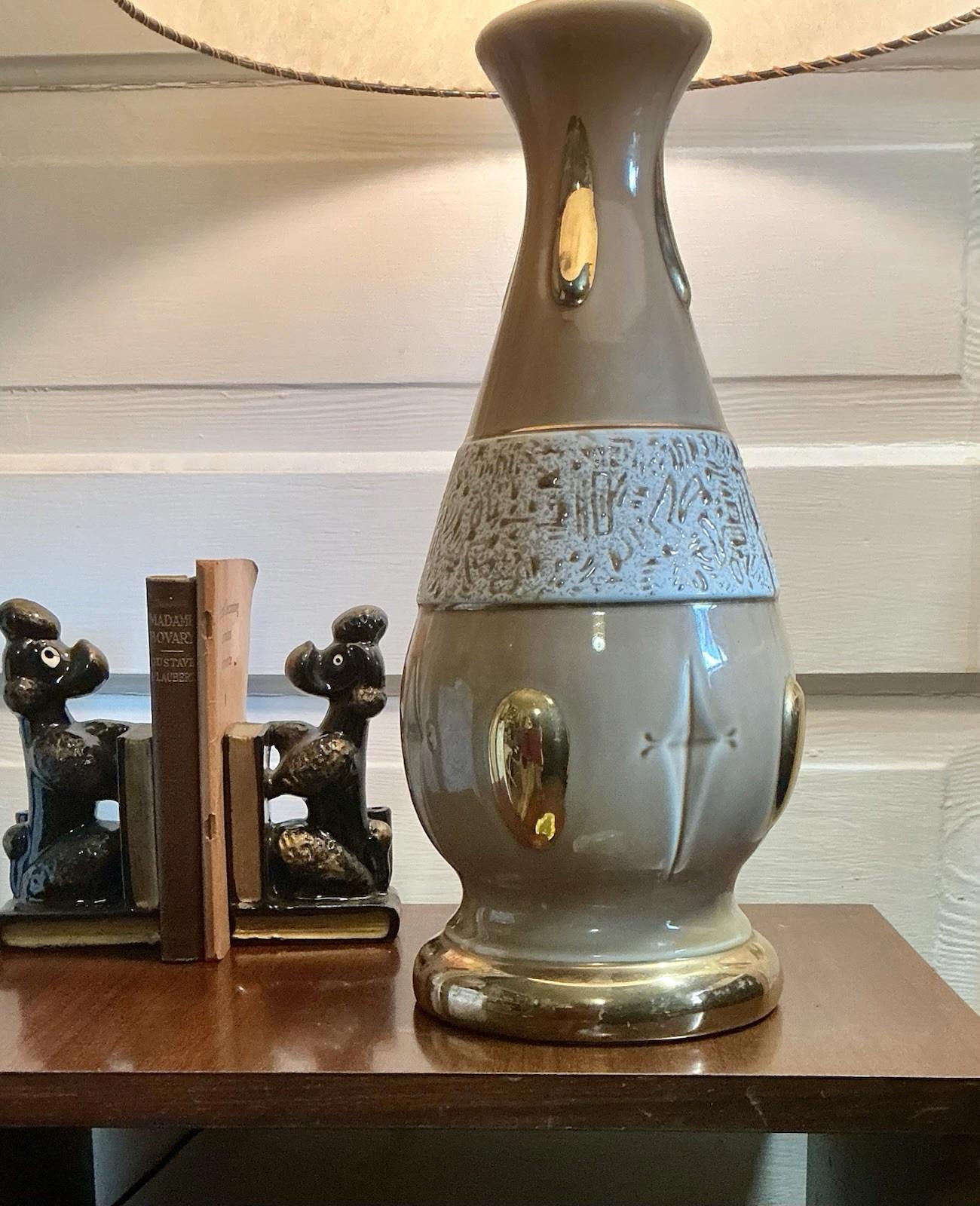 Vintage MCM Ceramic Lamp, 30 Inches Tall With 15 Inch Retro Fiberglass Shade